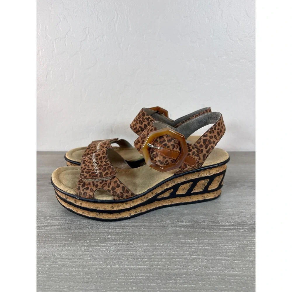 Rieker Antistress Leopard Print Wedge‎ Platform Sandals Buckle Brown Womens 40